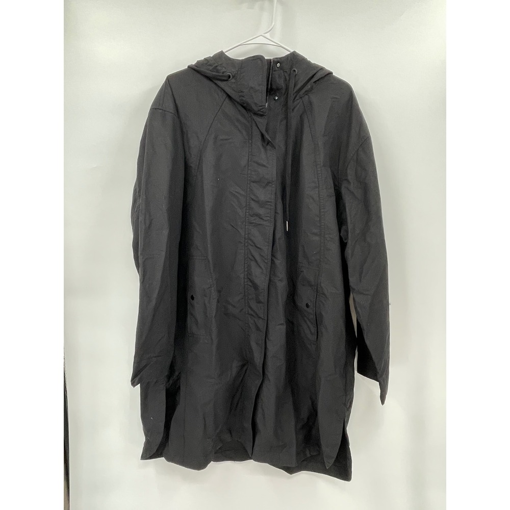 Athleta XL Rain Parka Women Black Hooded Utility Anorak Jacket Long Line Zip Up